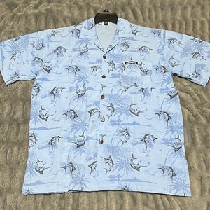Bahamas Blue Button-Down Fish Pattern Shirt (Mens's Size Large)